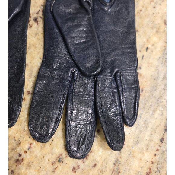 Vintage Womens Size S Blue Leather Formal 7" Short Gloves Pearly Button - Picture 7 of 14